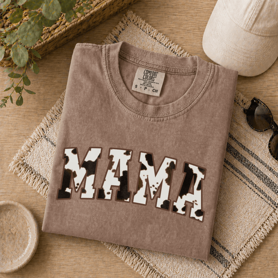 Cow Print Mama Comfort Colors Shirt – Funny Gift for Mom, Mother's Day New Baby Pregnancy Announcement - detail view